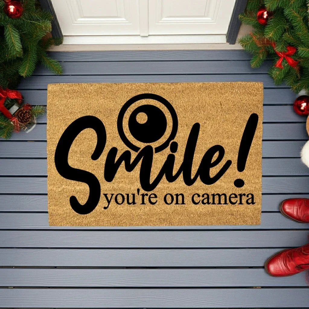 Funny Security Doormat - Smile! You’re on Camera | Coir Welcome Mat for Home Surveillance | Humorous Front Porch Décor