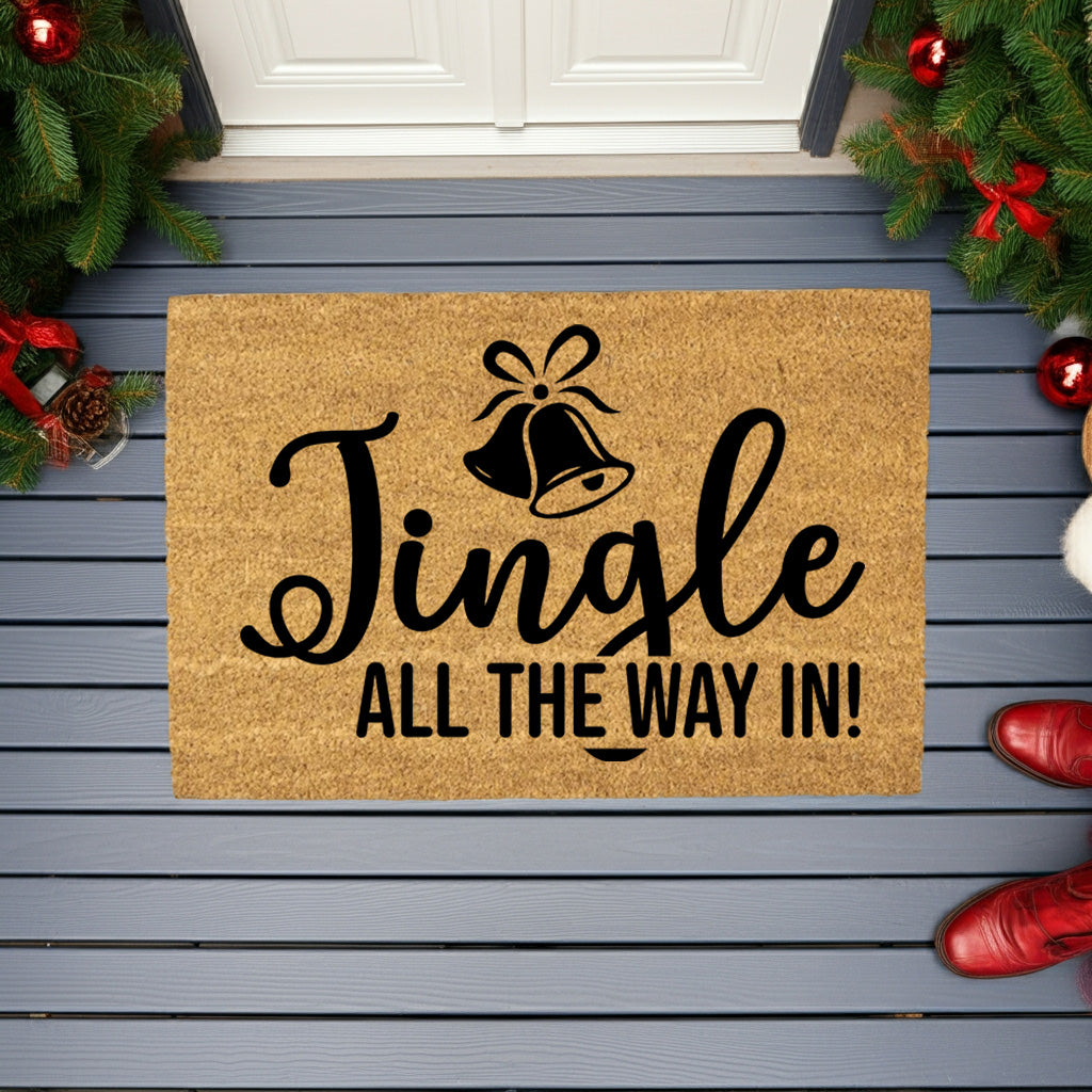 Christmas Doormat Jingle All the Way In! Festive Bells Holiday Welcome Mat | Fun Farmhouse Front Porch Décor - Mallard Moon