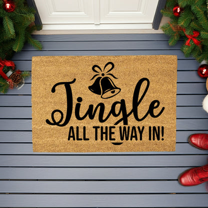 Christmas Doormat Jingle All the Way In! Festive Bells Holiday Welcome Mat | Fun Farmhouse Front Porch Décor - Mallard Moon