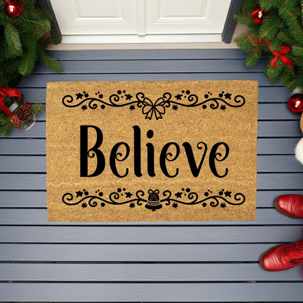 Believe in Christmas Doormat | Elegant Holiday Coir Welcome Mat with Bow & Bell Design | Festive Front Porch Décor Gift