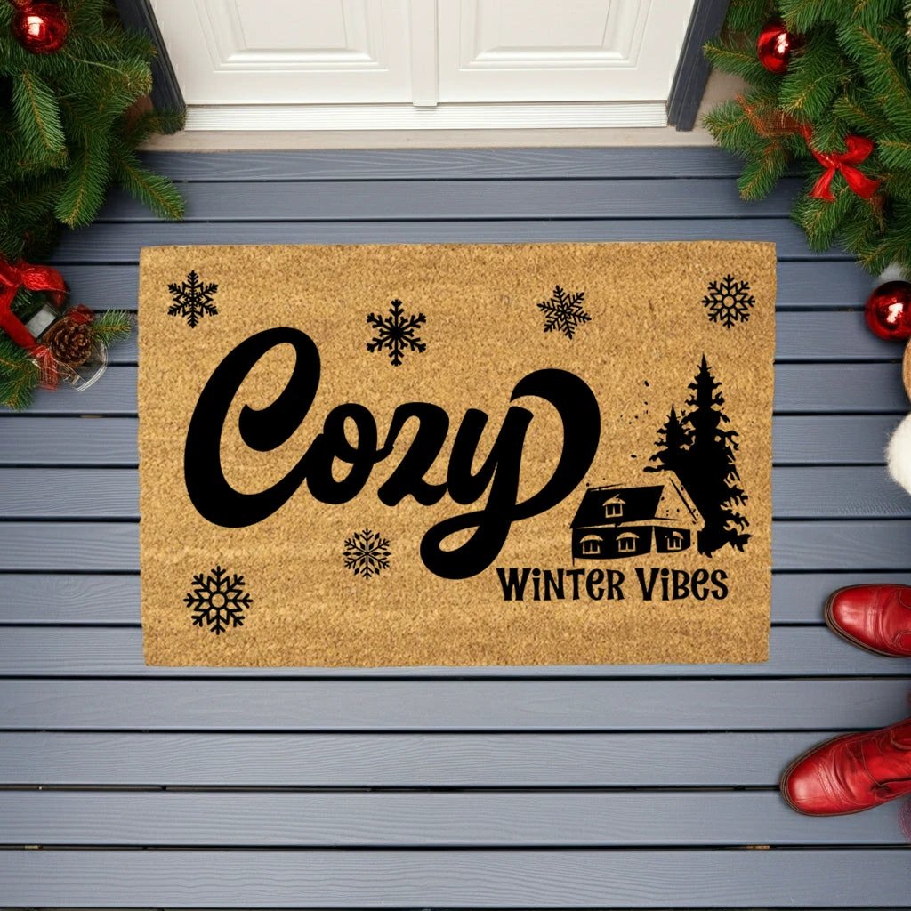 Cozy Winter Vibes Doormat | Rustic Cabin Snowflake Coir Welcome Mat | Warm & Inviting Winter Home Décor Gift