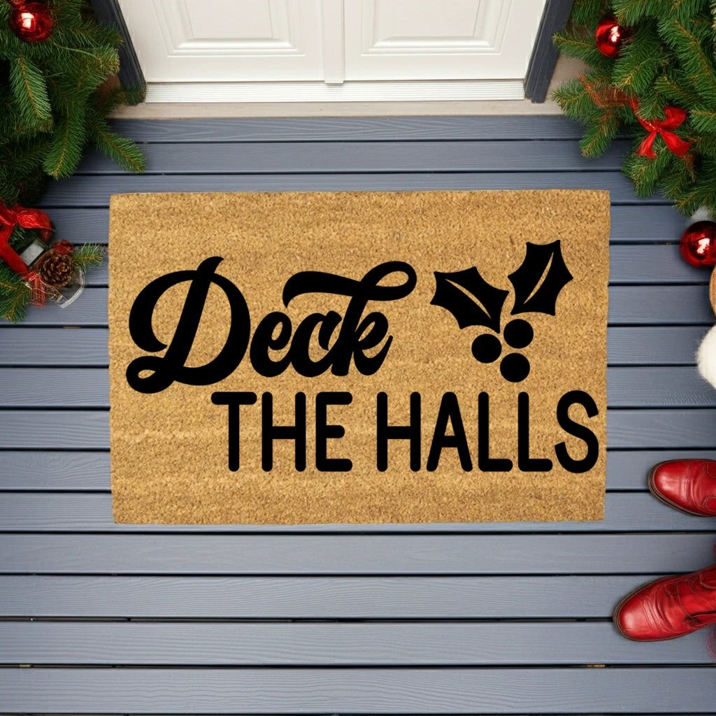 Deck the Halls Christmas Doormat | Festive Holiday Coir Welcome Mat with Holly Design | Rustic Farmhouse Front Porch Décor