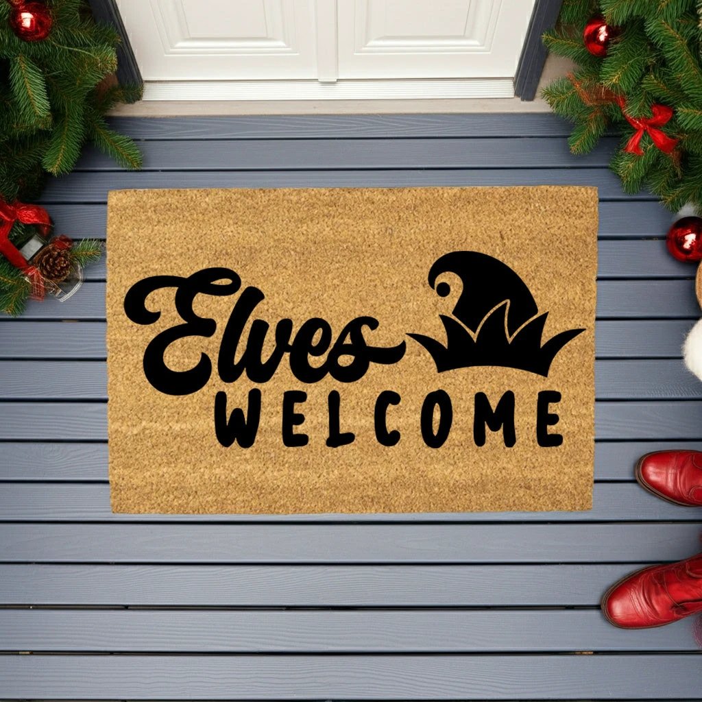 Elves Welcome Christmas Doormat | Whimsical Holiday Coir Welcome Mat with Elf Hat Design | Fun Family Front Porch Décor