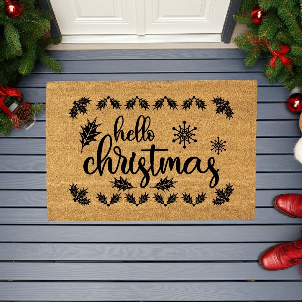 Hello Christmas Holiday Doormat | Festive Coir Welcome Mat with Holly & Snowflake Design | Rustic Farmhouse Front Porch Décor