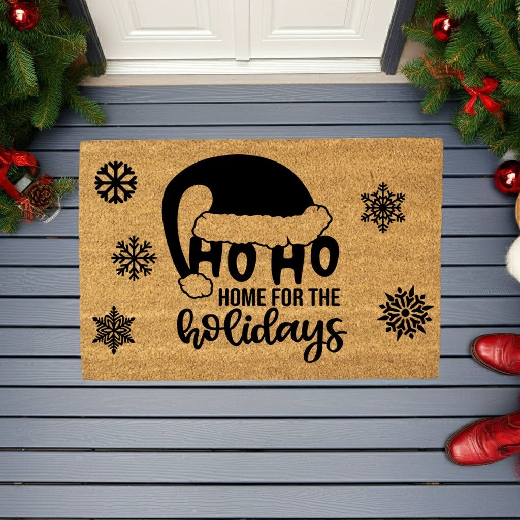 Ho Ho Home for the Holidays Christmas Doormat | Festive Santa Hat Coir Welcome Mat | Cozy Farmhouse Front Porch Décor