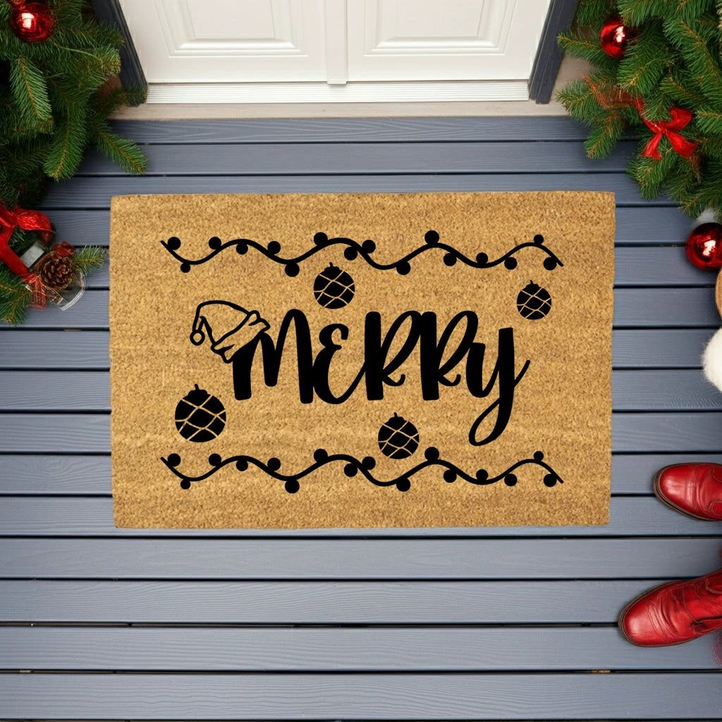 Merry Christmas Doormat | Festive Holiday Coir Welcome Mat with Ornaments & Santa Hat Design | Rustic Front Porch Décor