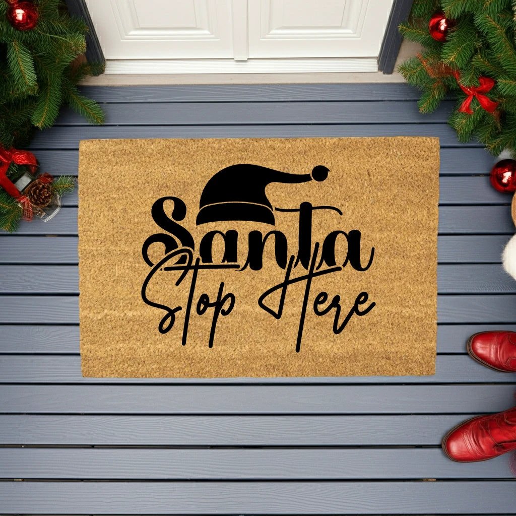 Santa Stop Here Christmas Doormat | Festive Coir Welcome Mat | Rustic Farmhouse Holiday Porch Décor