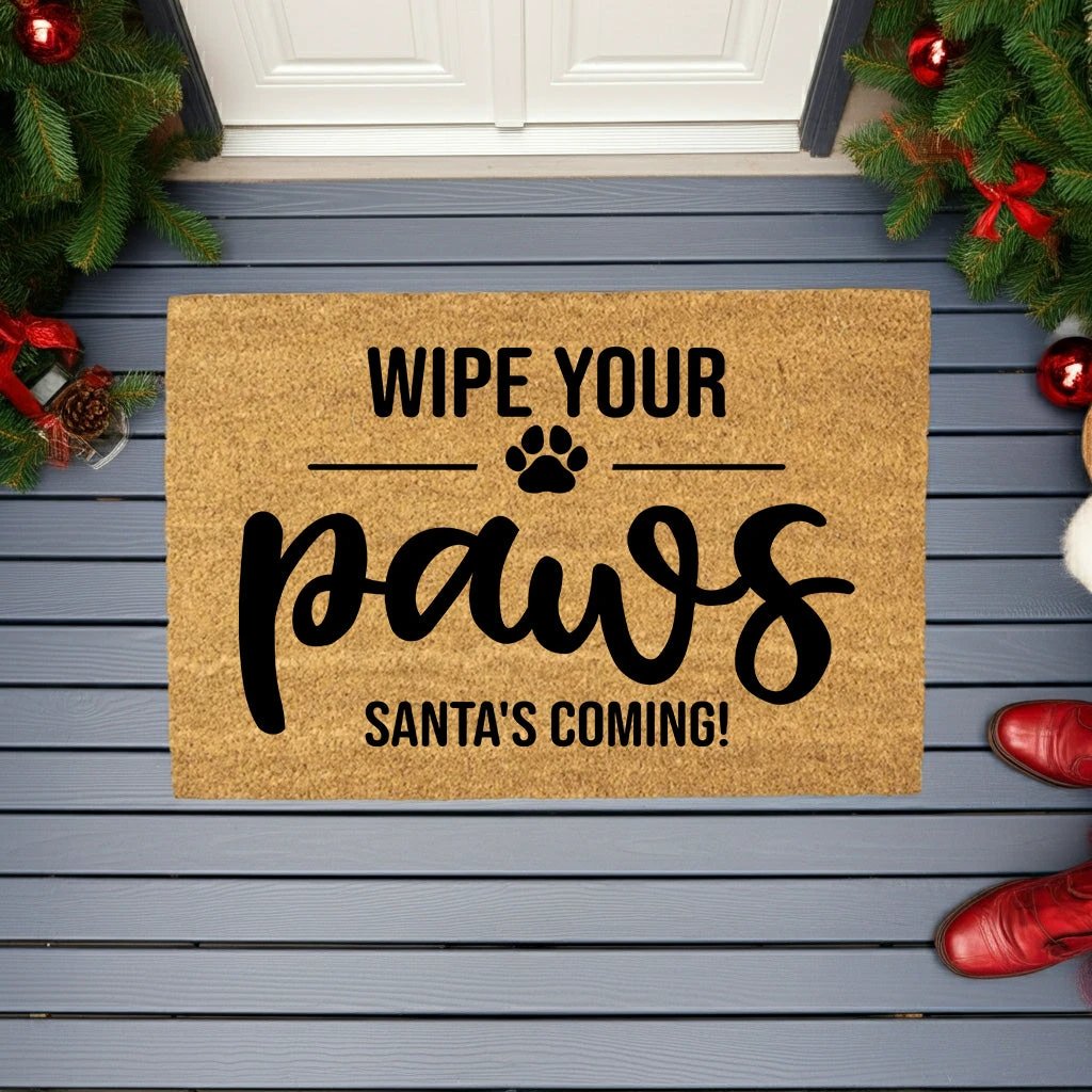 Wipe Your Paws – Santa’s Coming! Christmas Doormat | Funny Pet Holiday Welcome Mat | Rustic Farmhouse Dog Lover Porch Décor
