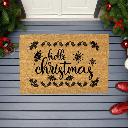 Hello Christmas Doormat – Holiday Outdoor Coir Mat Winter Décor