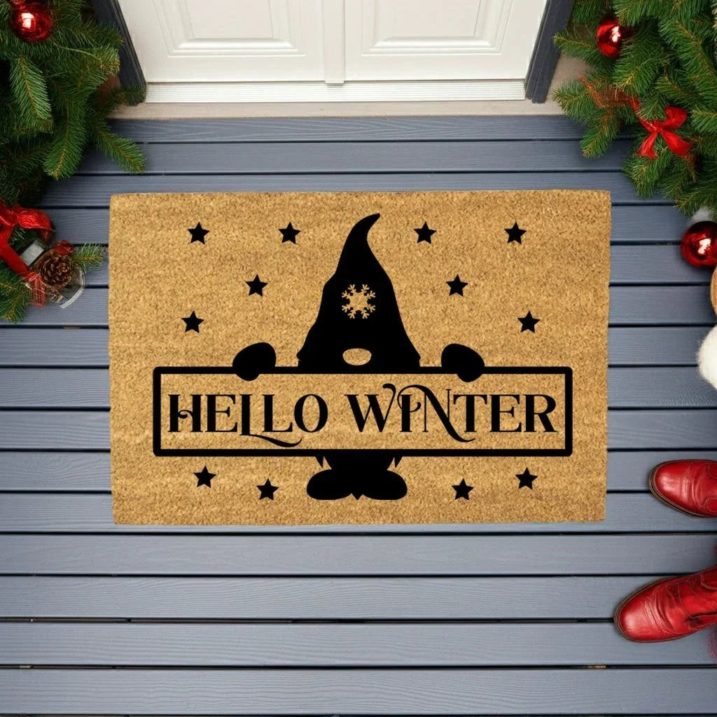 Hello Winter Gnome Doormat – Festive Coir Welcome Mat | Cute Scandinavian Holiday Porch Décor | Rustic Winter Entryway Rug