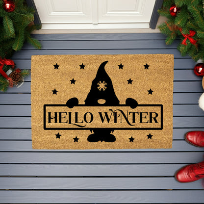 Hello Winter Gnome Doormat – Festive Coir Welcome Mat | Cute Scandinavian Holiday Porch Décor | Rustic Winter Entryway Rug - Mallard Moon
