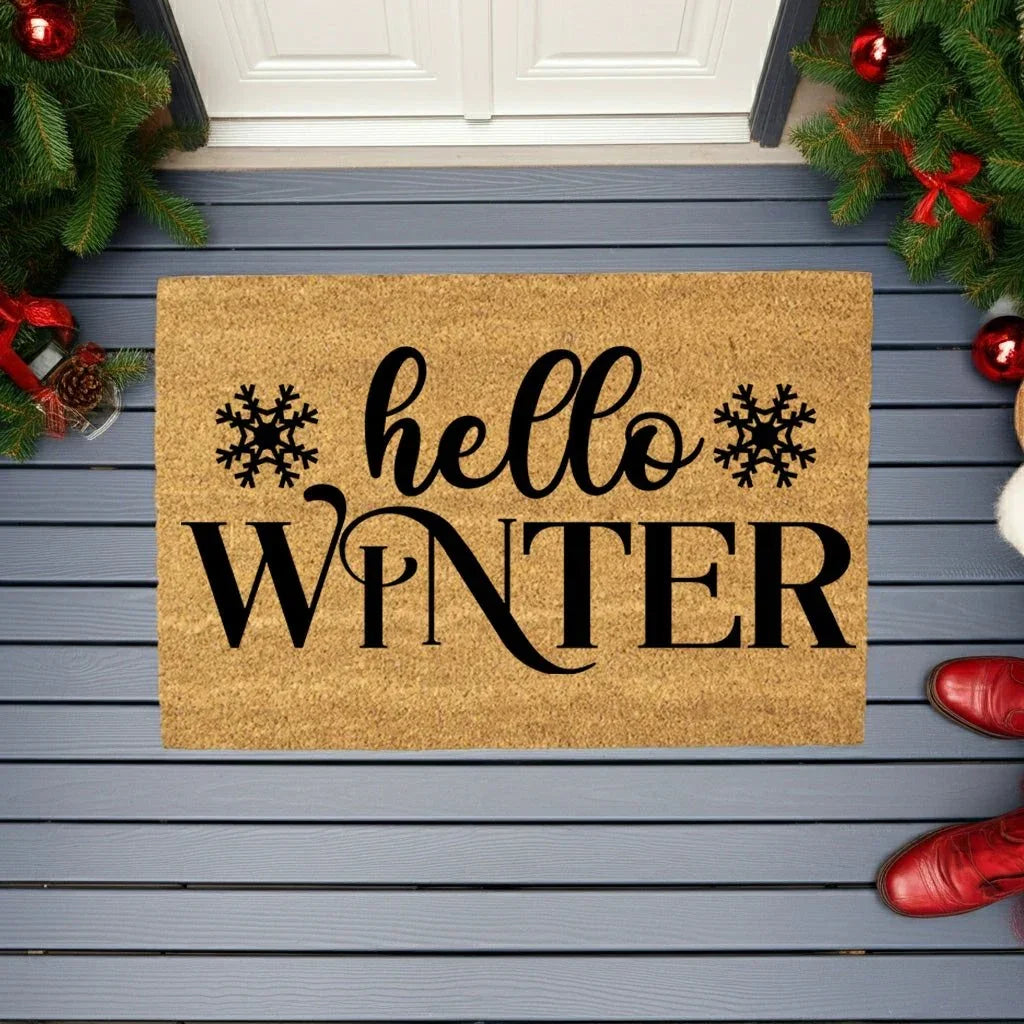 Hello Winter Coir Doormat – Snowflake Welcome Mat | Cozy Farmhouse Front Porch Décor | Rustic Holiday Entryway Rug
