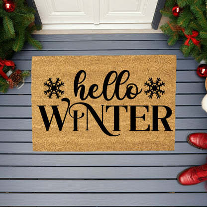 Hello Winter Coir Doormat – Snowflake Welcome Mat | Cozy Farmhouse Front Porch Décor | Rustic Holiday Entryway Rug - Mallard Moon
