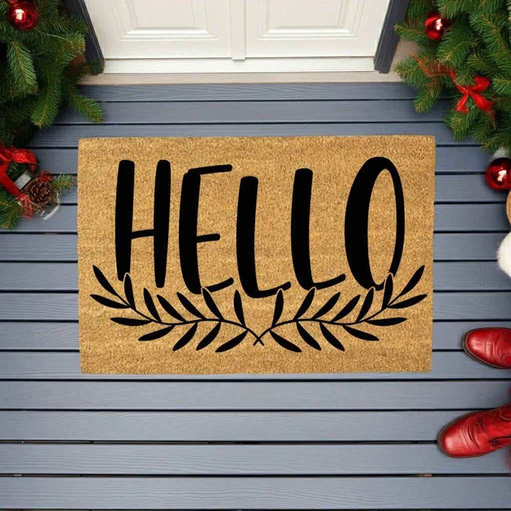 Hello Coir Doormat with Leaf Design – Simple Welcome Mat | Modern Farmhouse Front Porch Decor | Everyday Entryway Rug