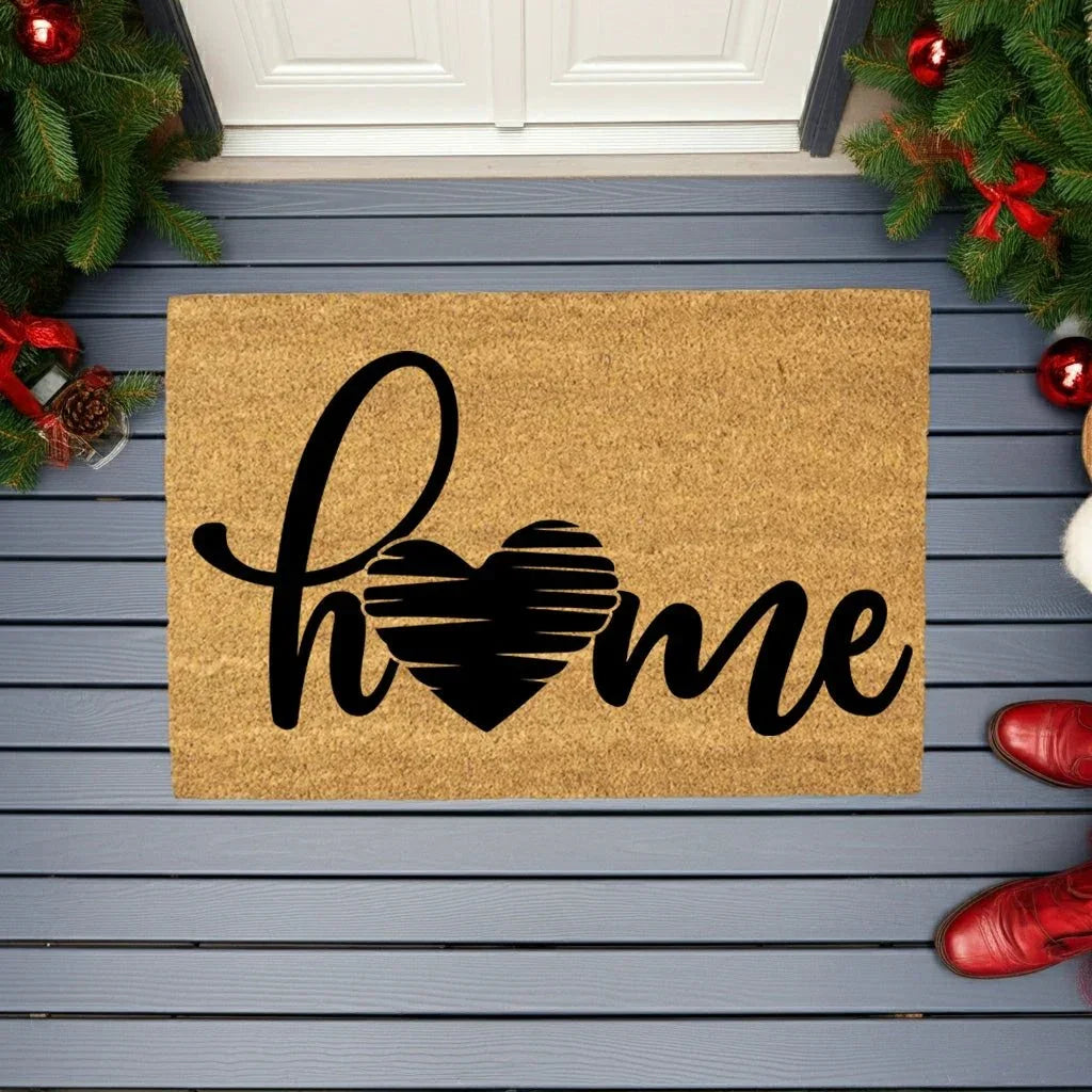 Home Heart Coir Doormat – Rustic Farmhouse Welcome Mat | Minimalist Entryway Décor | Everyday Porch Rug with Script Heart Design