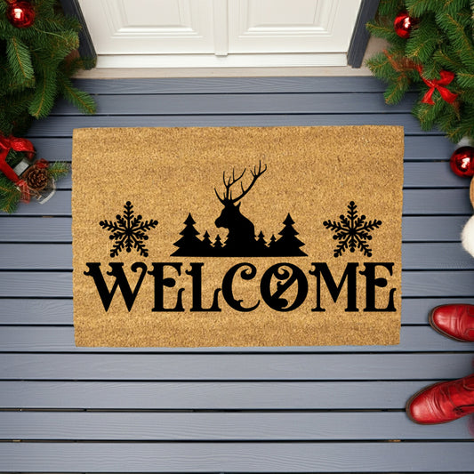 Rustic Reindeer “Welcome” Doormat | Winter Lodge Coir Welcome Mat with Snowflakes | Holiday Front Porch Décor