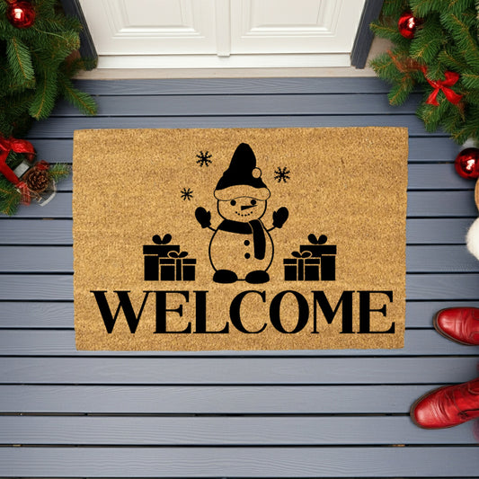 Snowman “Welcome” Doormat | Festive Coir Christmas Welcome Mat with Gifts and Snowflakes | Holiday Front Porch Décor