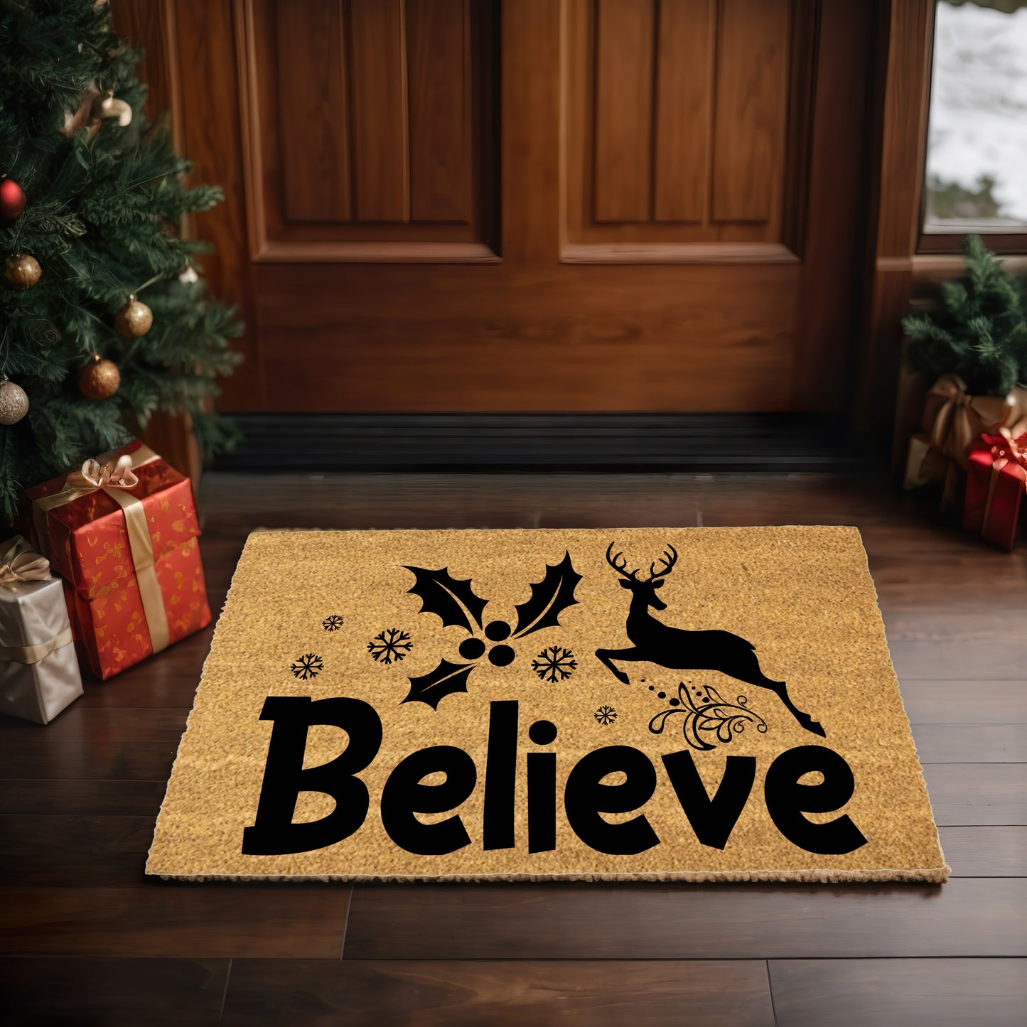 Believe Reindeer & Holly Doormat – Christmas Outdoor Coir Mat Décor
