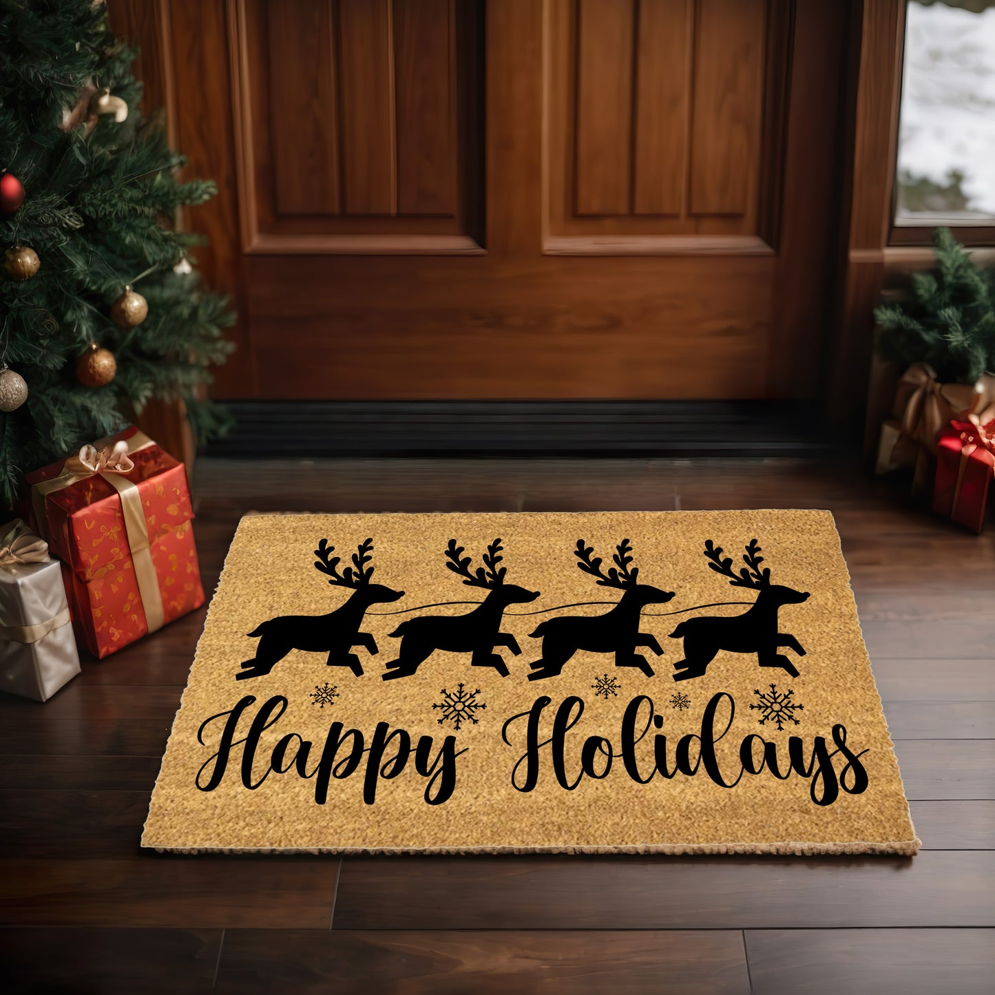 Happy Holidays Reindeer Doormat – Christmas Outdoor Coir Mat Décor