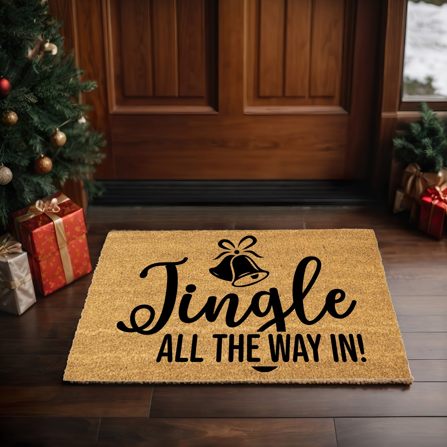 Christmas Doormat Jingle All the Way In! Festive Bells Holiday Welcome Mat | Fun Farmhouse Front Porch Décor - Mallard Moon