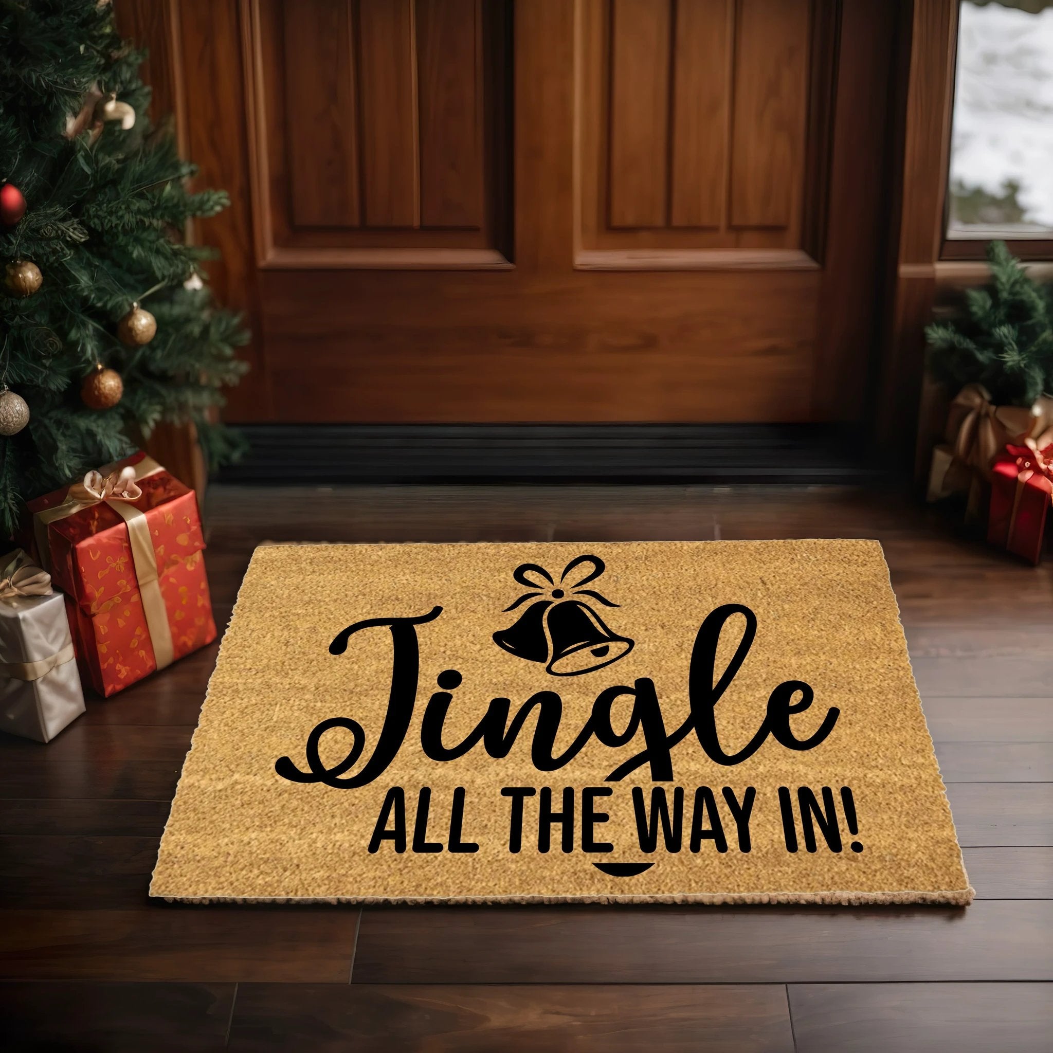 Christmas Doormat Jingle All the Way In! Festive Bells Holiday Welcome Mat | Fun Farmhouse Front Porch Décor