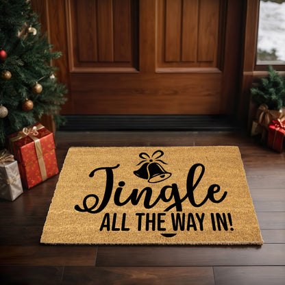 Christmas Doormat Jingle All the Way In! Festive Bells Holiday Welcome Mat | Fun Farmhouse Front Porch Décor - Mallard Moon