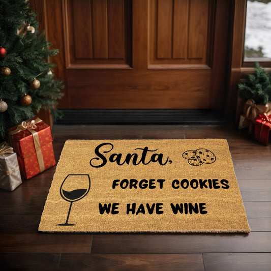 Santa Forget Cookies We Have Wine Funny Christmas Doormat – Holiday Front Porch Welcome Mat, Rustic Coir Entry Rug for Wine Lovers