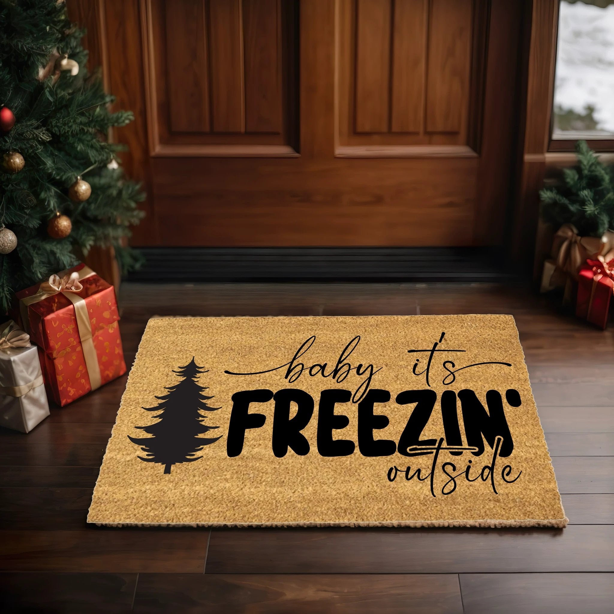 Winter Doormat - Baby It’s Freezin’ Outside | Funny Holiday Coir Welcome Mat | Rustic Front Porch Winter Décor
