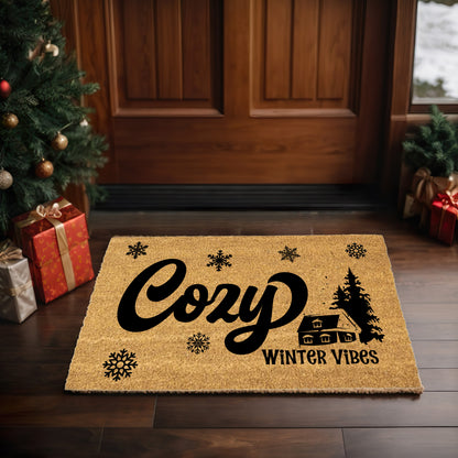 Cozy Winter Vibes Doormat | Rustic Cabin Snowflake Coir Welcome Mat | Warm & Inviting Winter Home Décor Gift
