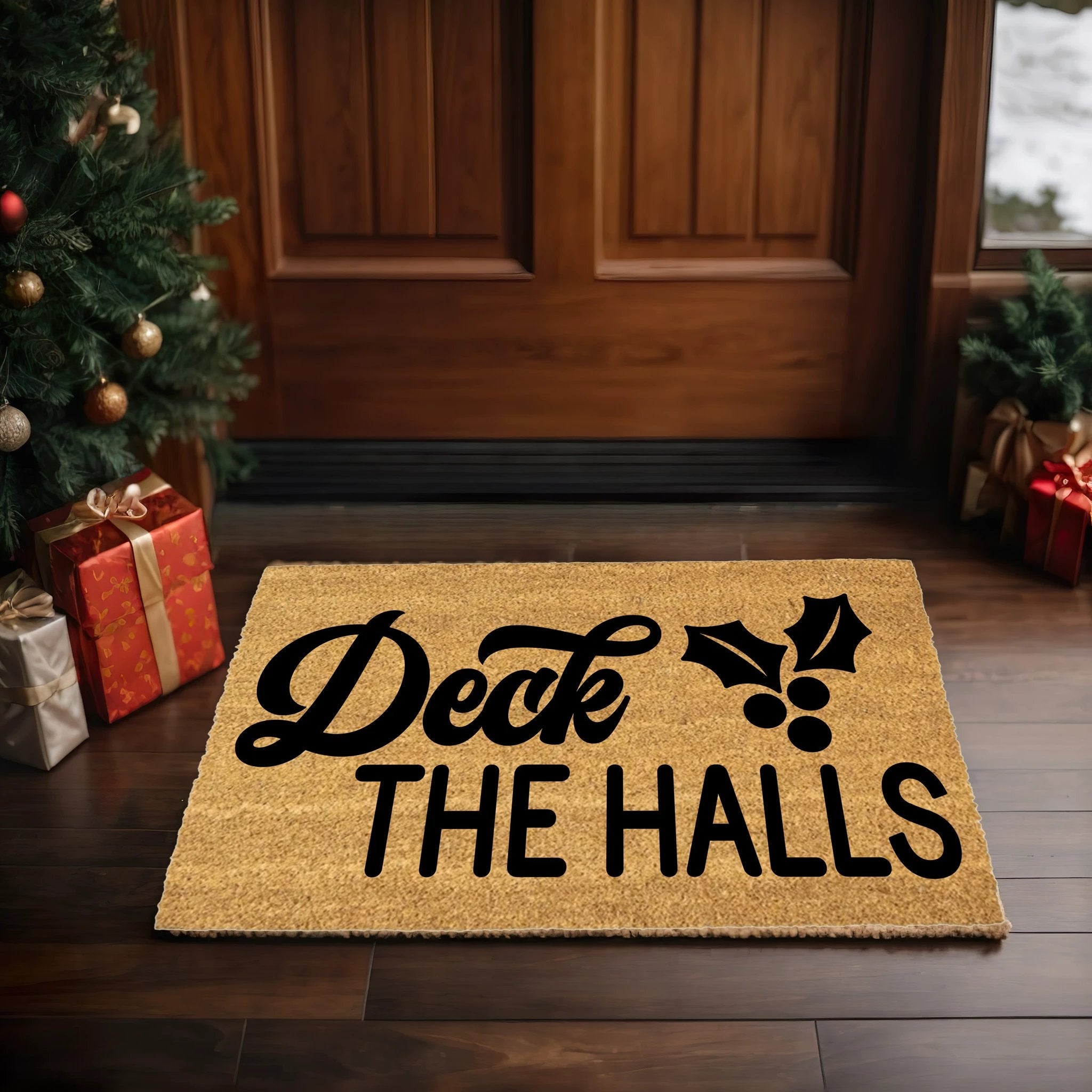 Deck the Halls Christmas Doormat | Festive Holiday Coir Welcome Mat with Holly Design | Rustic Farmhouse Front Porch Décor