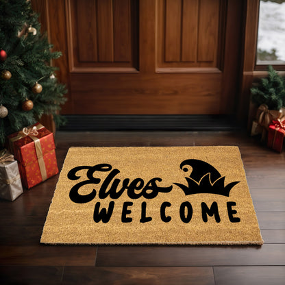 Elves Welcome Christmas Doormat | Whimsical Holiday Coir Welcome Mat with Elf Hat Design | Fun Family Front Porch Décor
