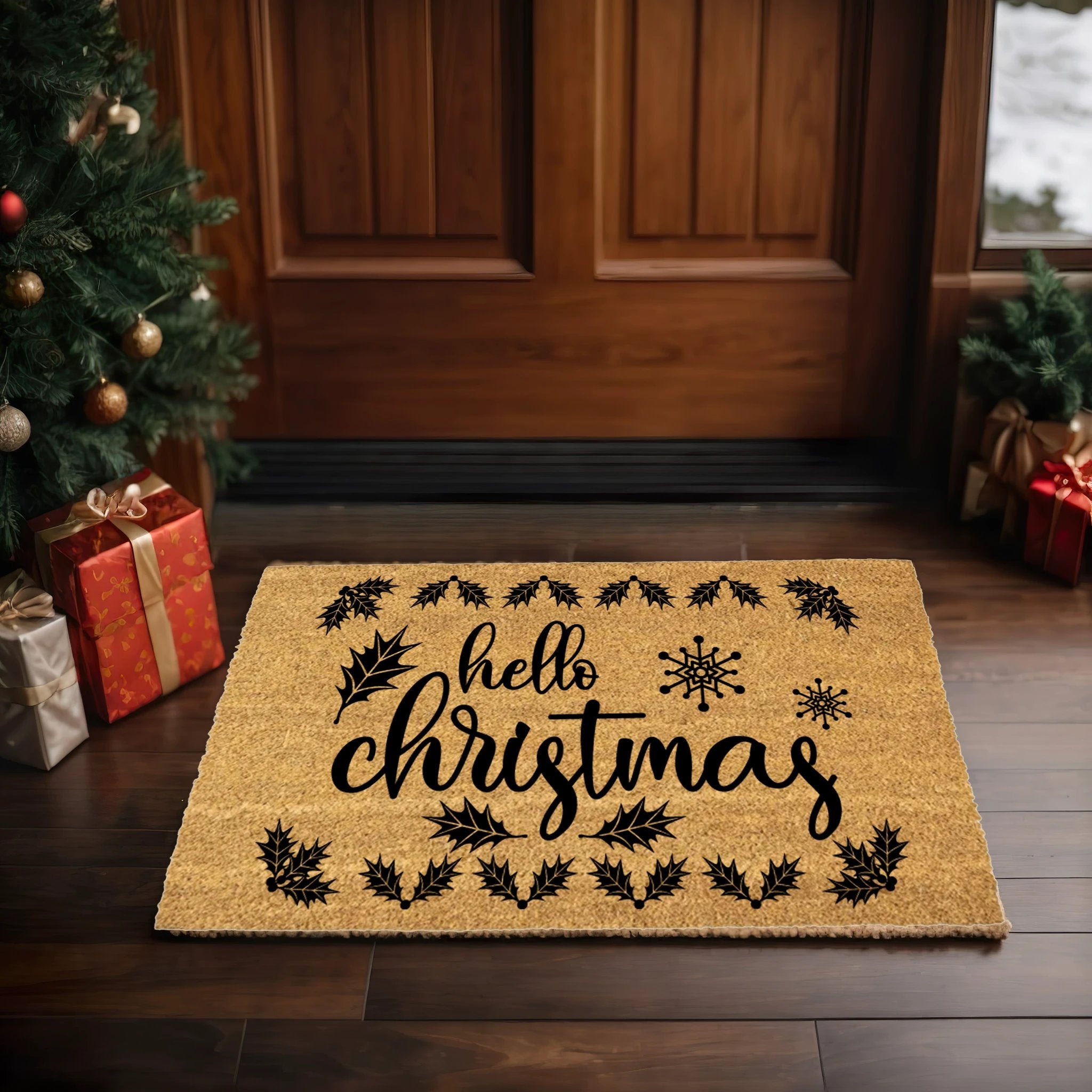 Hello Christmas Holiday Doormat | Festive Coir Welcome Mat with Holly & Snowflake Design | Rustic Farmhouse Front Porch Décor