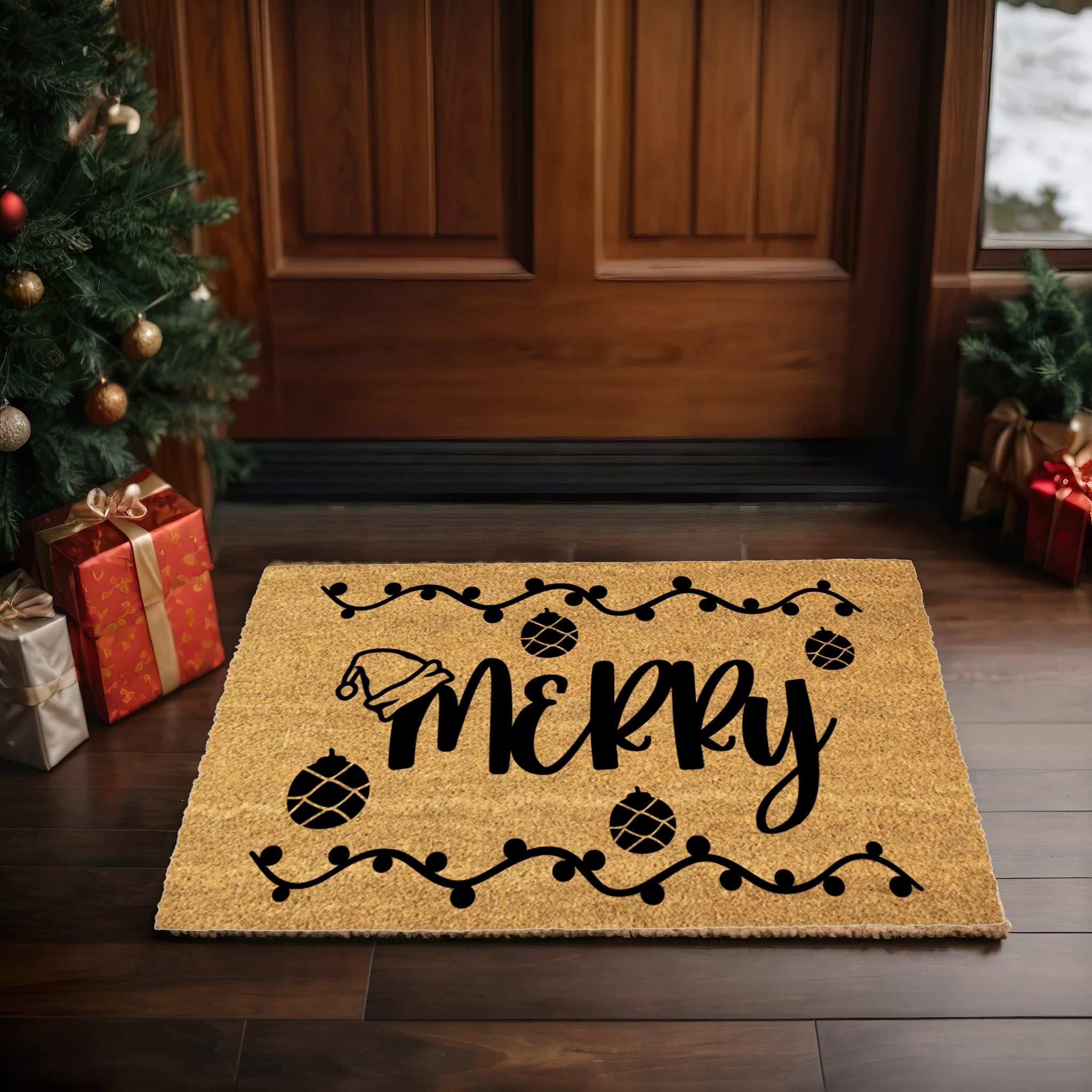 Merry Christmas Doormat | Festive Holiday Coir Welcome Mat with Ornaments & Santa Hat Design | Rustic Front Porch Décor