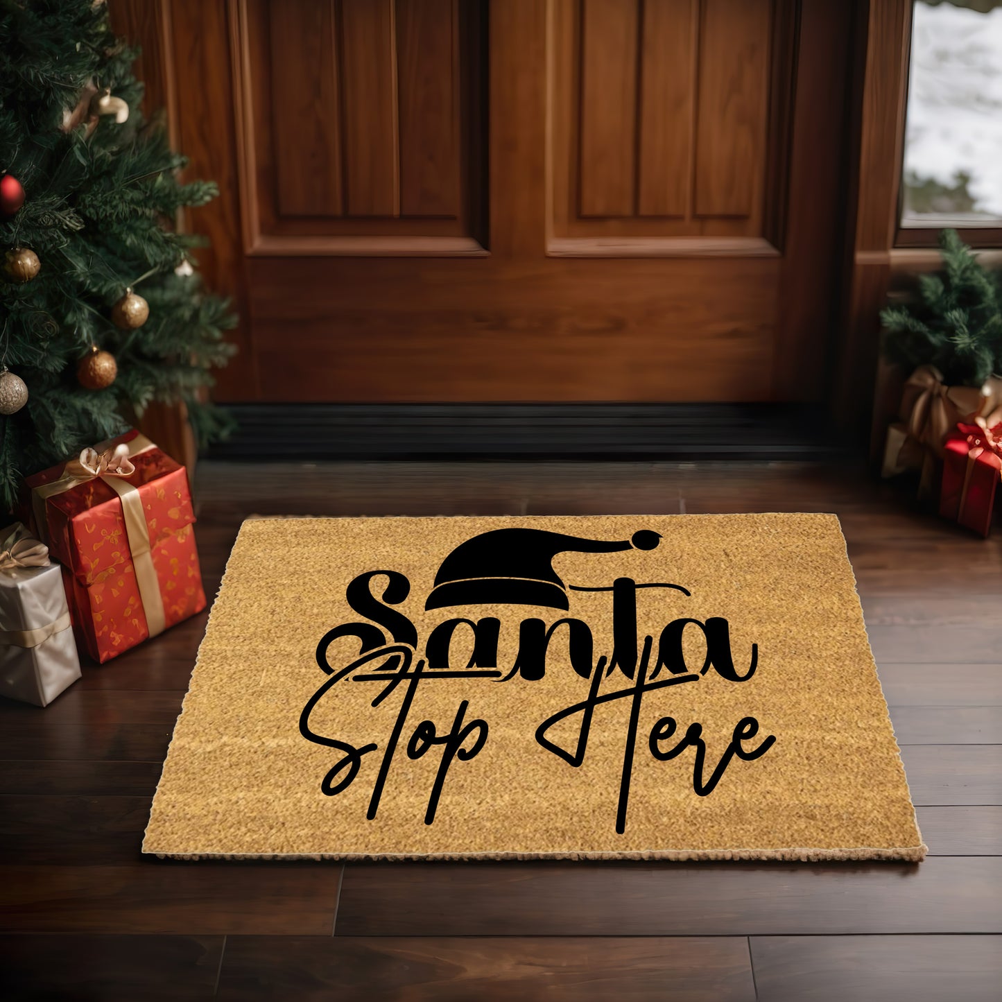 Santa Stop Here Christmas Doormat | Festive Coir Welcome Mat | Rustic Farmhouse Holiday Porch Décor - Mallard Moon