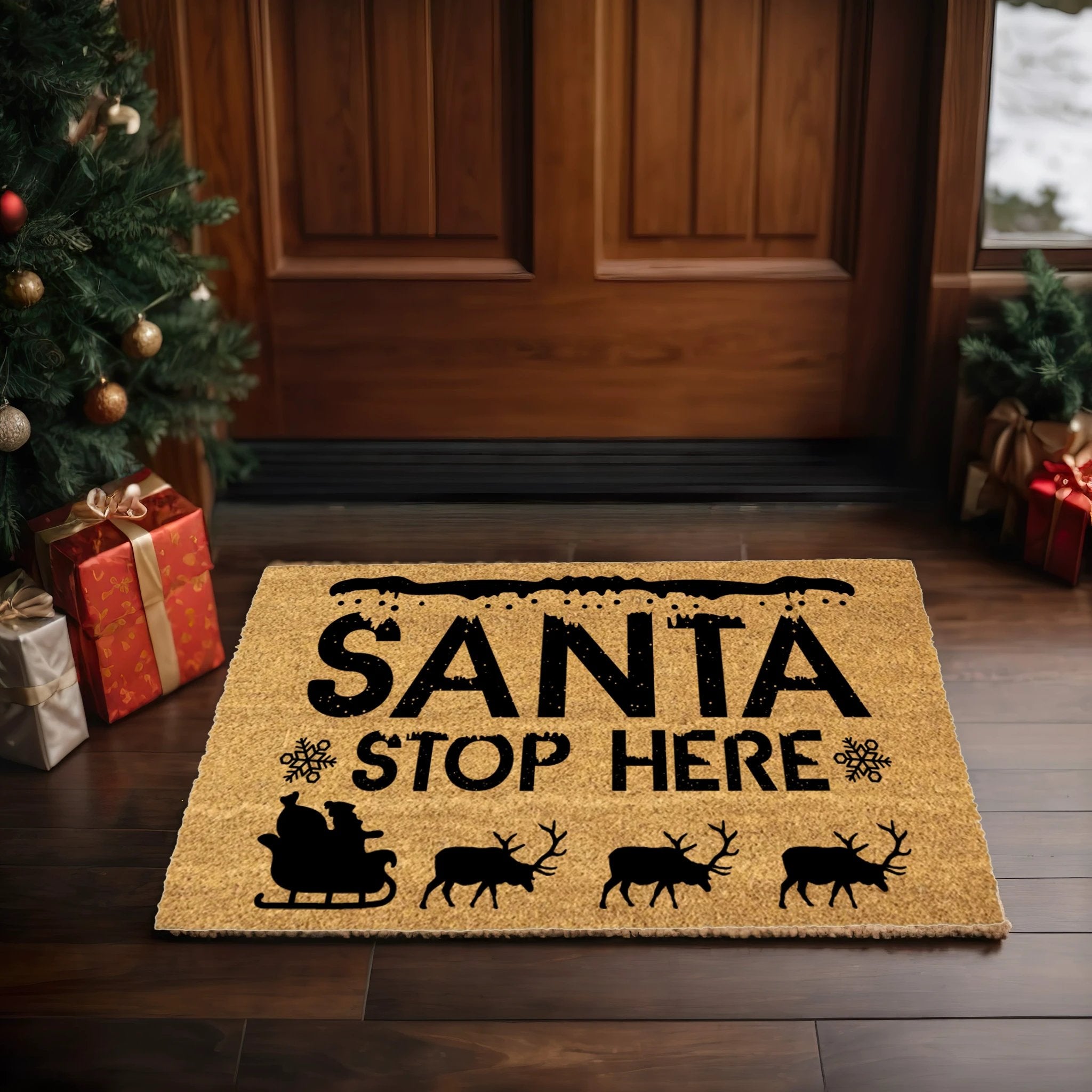 Santa, Please Stop Here Christmas Doormat | Santa Sleigh Coir Welcome Mat | Rustic Farmhouse Holiday Porch Décor