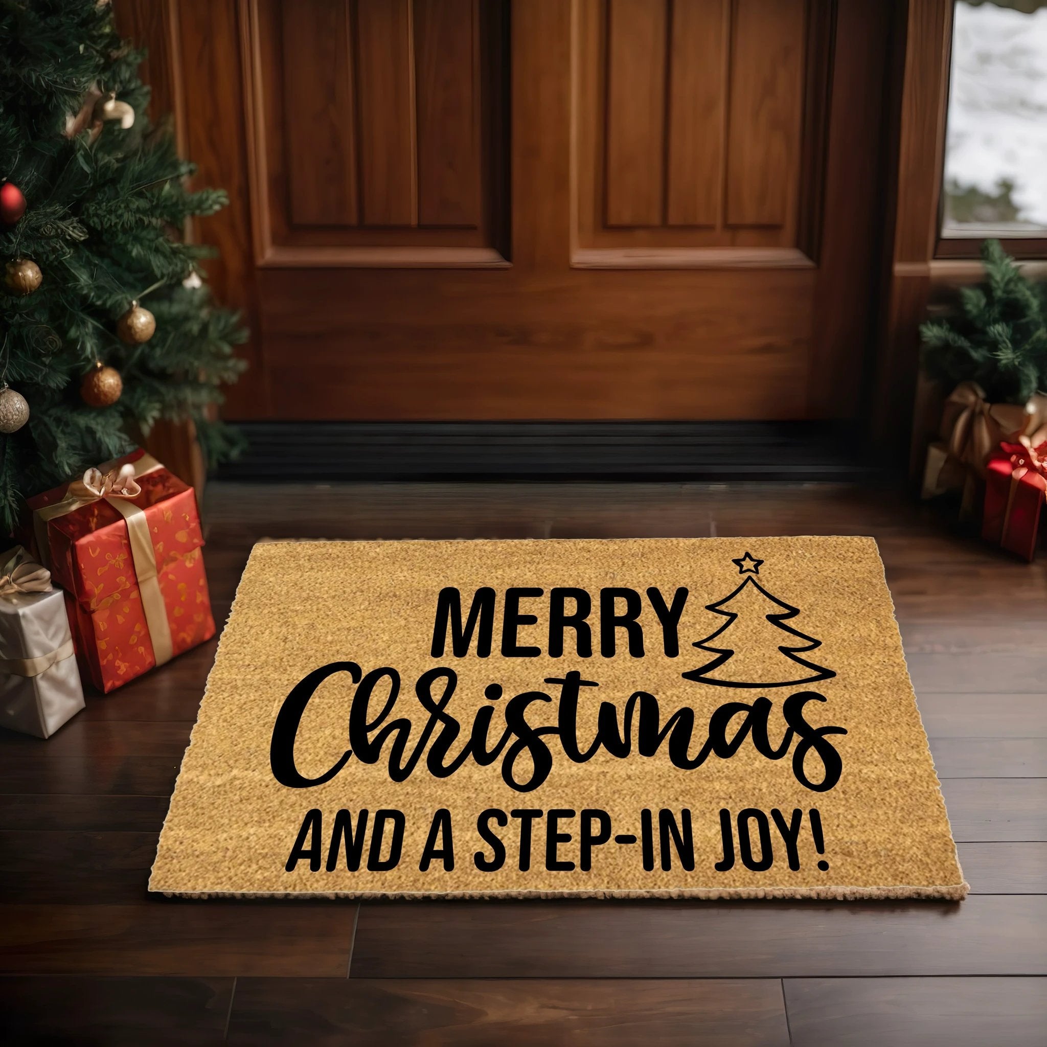 Merry Christmas and a Step-In Joy! Holiday Doormat | Funny Christmas Welcome Mat | Rustic Farmhouse Coir Porch Décor