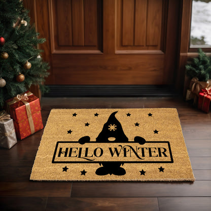Hello Winter Gnome Doormat – Festive Coir Welcome Mat | Cute Scandinavian Holiday Porch Décor | Rustic Winter Entryway Rug - Mallard Moon
