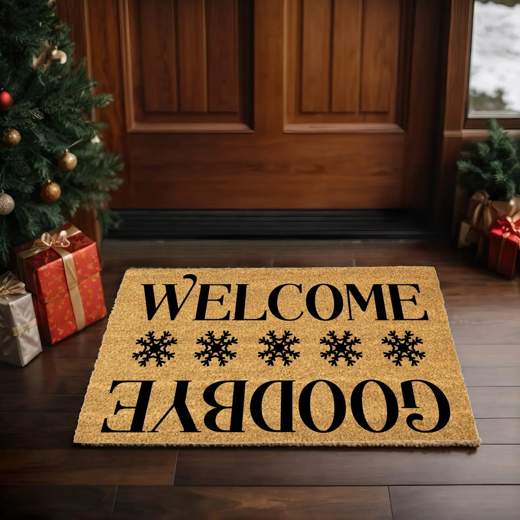 Welcome / Goodbye Snowflake Doormat | Double-Sided Winter Coir Welcome Mat | Funny Holiday Front Porch Décor