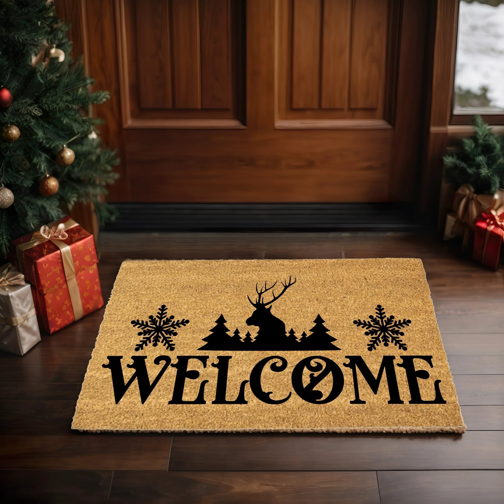 Rustic Reindeer “Welcome” Doormat | Winter Lodge Coir Welcome Mat with Snowflakes | Holiday Front Porch Décor