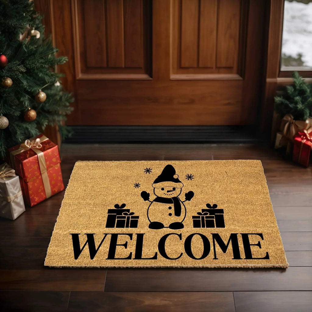 Snowman “Welcome” Doormat | Festive Coir Christmas Welcome Mat with Gifts and Snowflakes | Holiday Front Porch Décor