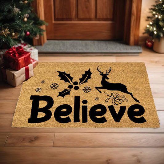 Believe Reindeer & Holly Doormat – Christmas Outdoor Coir Mat Décor