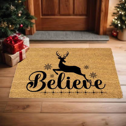 Believe Reindeer Doormat – Christmas Outdoor Coir Mat Holiday Décor
