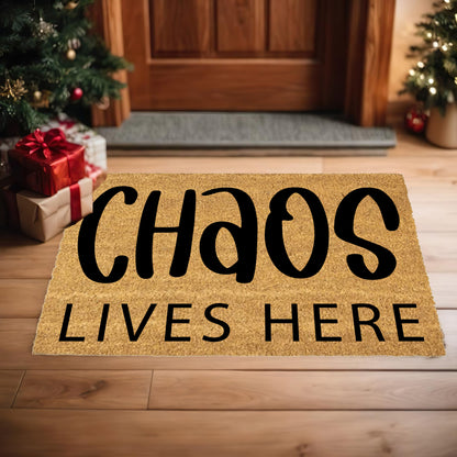 Chaos Lives Here Coir Doormat – Funny Family Welcome Mat | Rustic Farmhouse Front Porch Decor | Everyday Entryway Rug - Mallard Moon