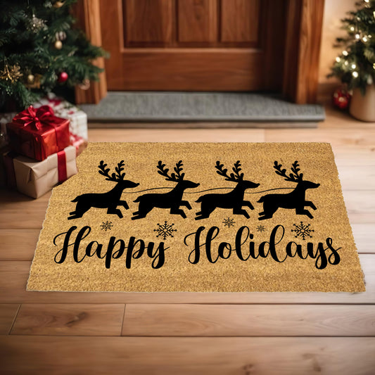 Happy Holidays Reindeer Doormat – Christmas Outdoor Coir Mat Décor