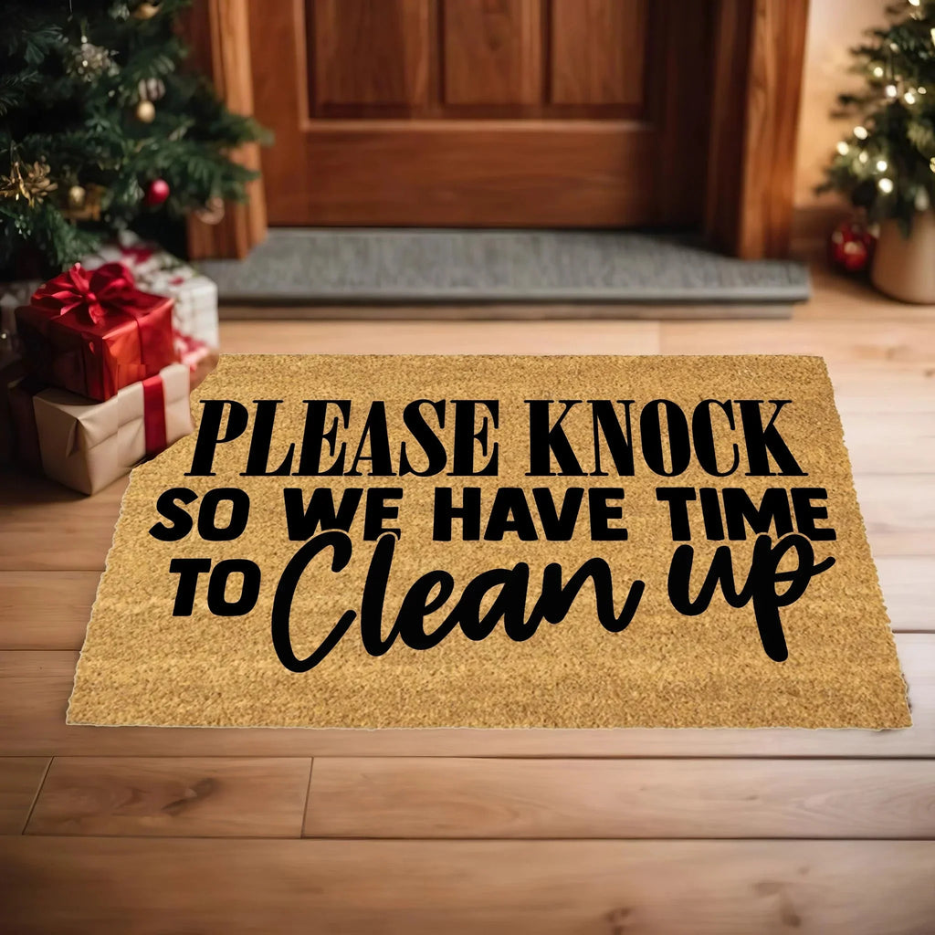 Funny “Please Knock So We Have Time to Clean Up” Doormat | Relatable Coir Welcome Mat for Families | Real-Life Humor Front Porch Décor