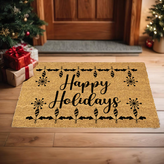 Happy Holidays Christmas Doormat | Festive Coir Welcome Mat with Ornaments & Snowflakes | Holiday Front Porch Décor Gift
