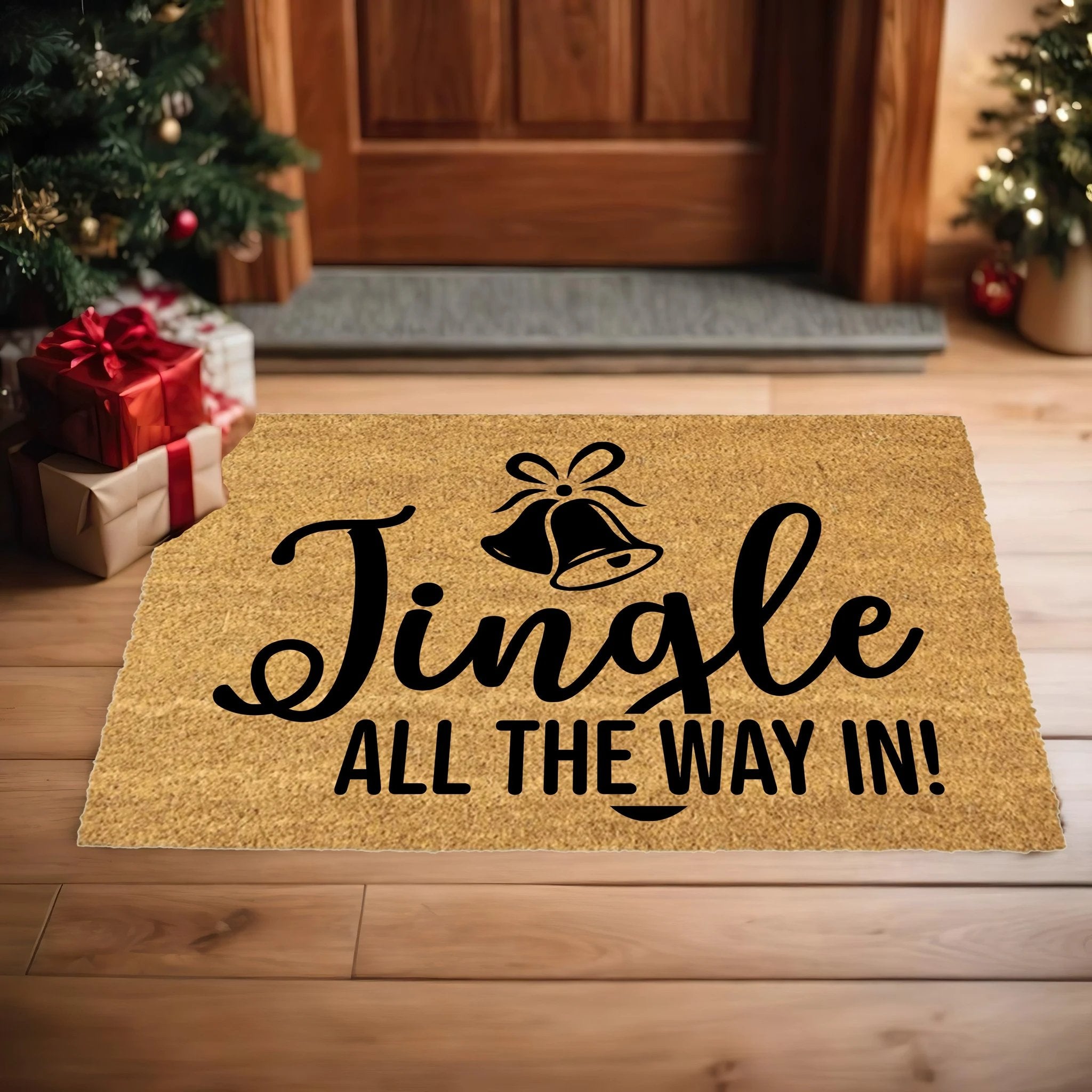 Christmas Doormat Jingle All the Way In! Festive Bells Holiday Welcome Mat | Fun Farmhouse Front Porch Décor
