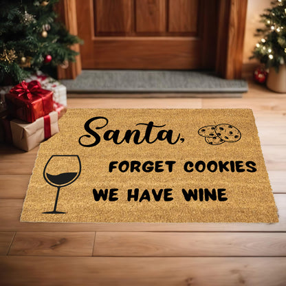 Santa Forget Cookies We Have Wine Funny Christmas Doormat – Holiday Front Porch Welcome Mat, Rustic Coir Entry Rug for Wine Lovers