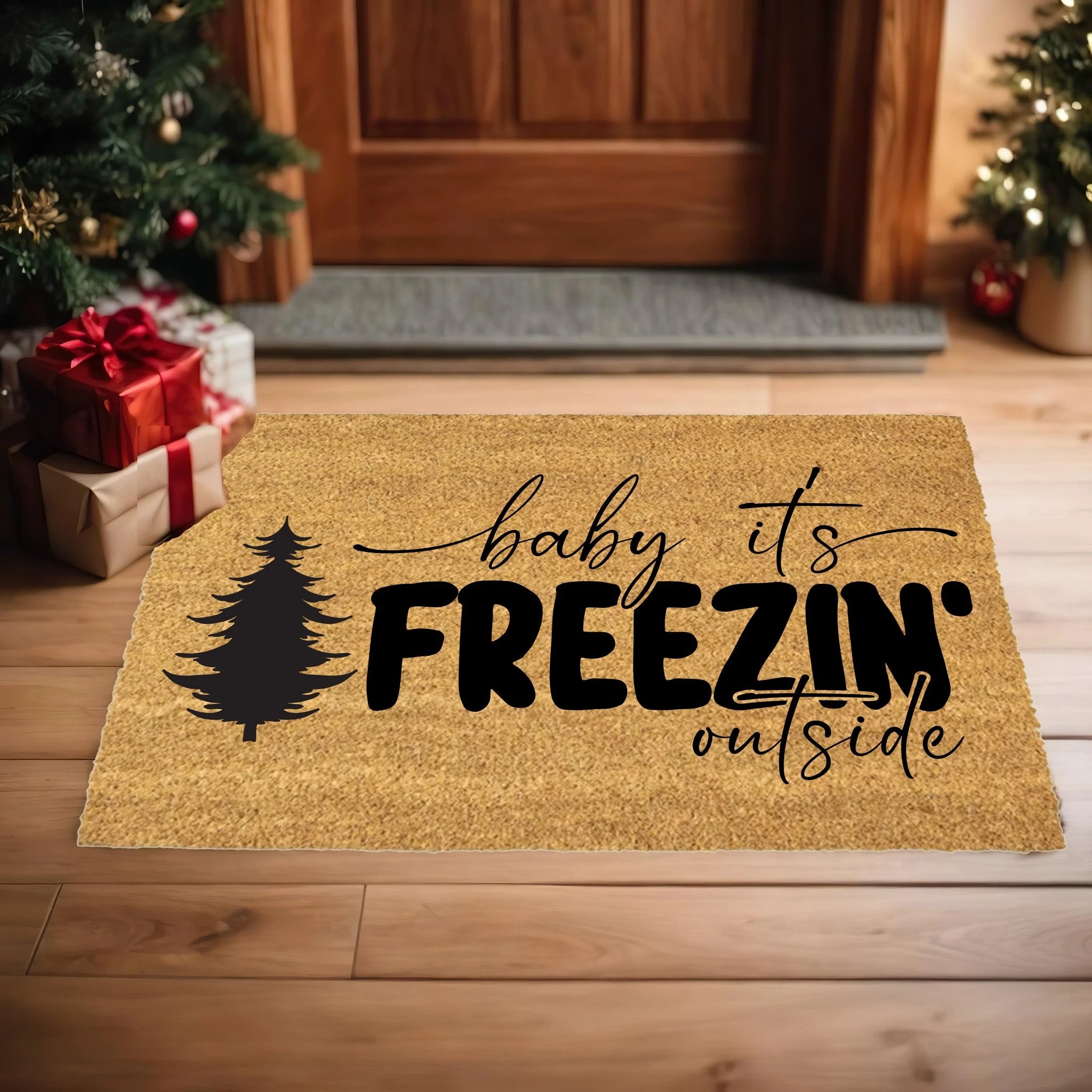 Winter Doormat - Baby It’s Freezin’ Outside | Funny Holiday Coir Welcome Mat | Rustic Front Porch Winter Décor