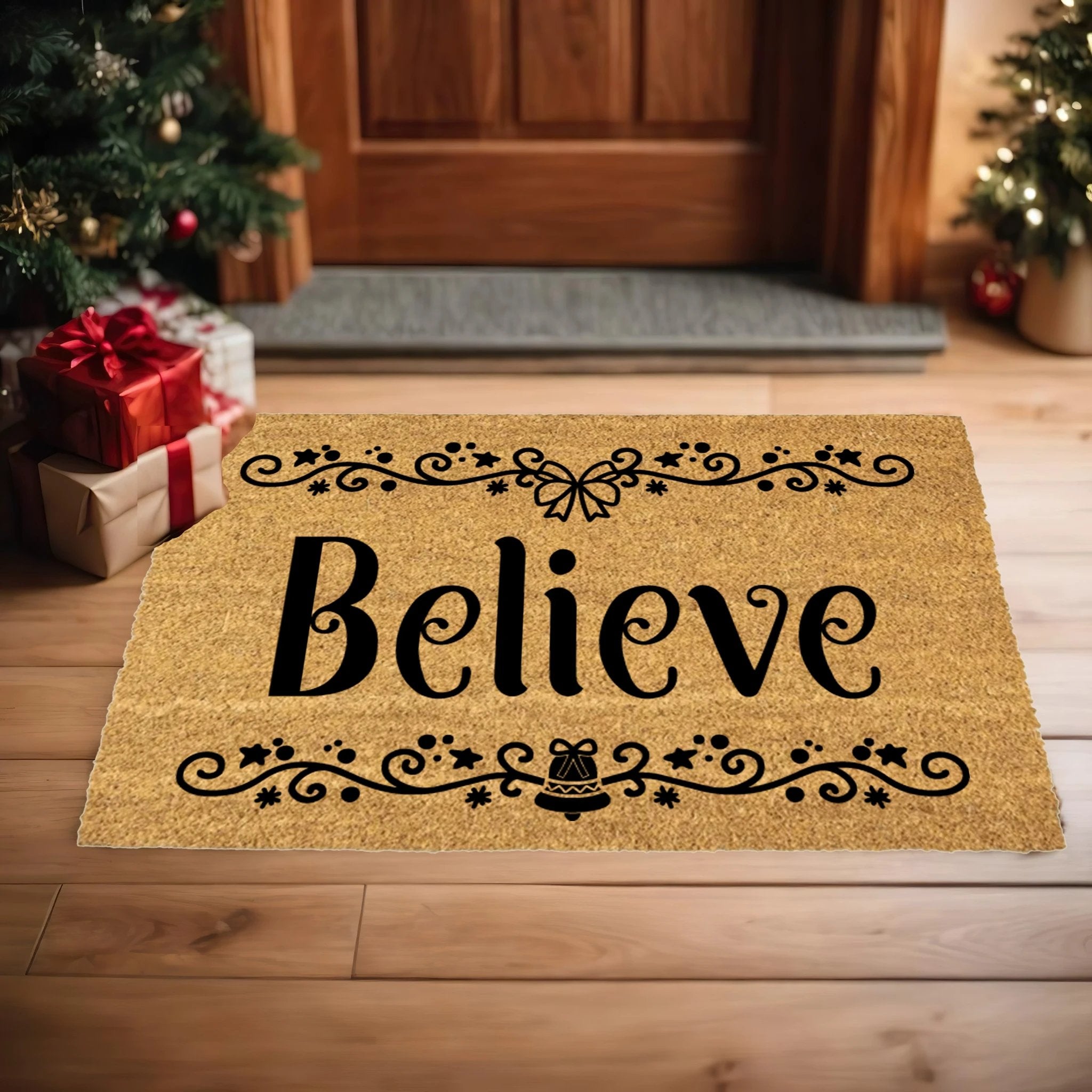 Believe in Christmas Doormat | Elegant Holiday Coir Welcome Mat with Bow & Bell Design | Festive Front Porch Décor Gift